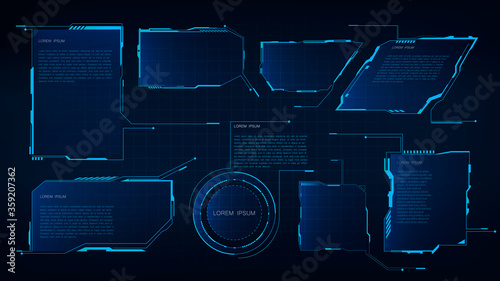 Hud tech title frame, interface. Virtual futuristic callouts grid display blue ui hologram user interface modern vector dashboard future graphic cyberspace electronic menu.