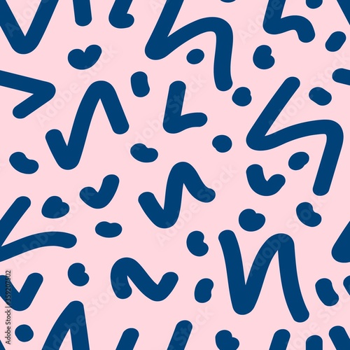 Simple abstract vector seamless pattern. Blue spots  zigzag  curved blots are randomly scattered on a light pink background. For printing on fabric  textile products  packaging  paper.