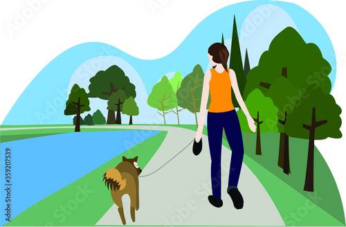 Young woman dog leash strolling in the park with rivers and hand carrying a bag to keep dog feces.