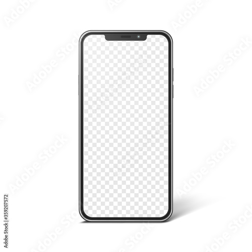 Smartphone with blank transparent screen, realistic mockup. Modern frameless phone, vector template for web or mobile app design