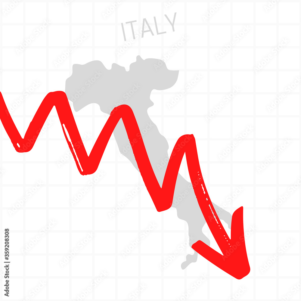 Obraz premium Italy map with falling arrow. Financial stagnation, recession, crisis, business crash, stock markets down, economic collapse. Downward trend concept illustration on white background 