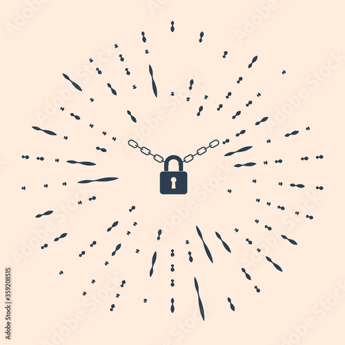 Black Metal chain and lock icon isolated on beige background. Padlock and steel chain. Abstract circle random dots. Vector Illustration.