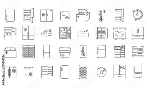 Large collection of 32 refrigerator icons showing different designs of fridge, cooler box and thermometers in black and white vector line drawings