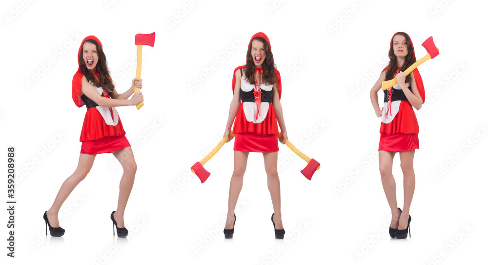 Funny woman with axe isolated on white Funny woman with axe isolated on white