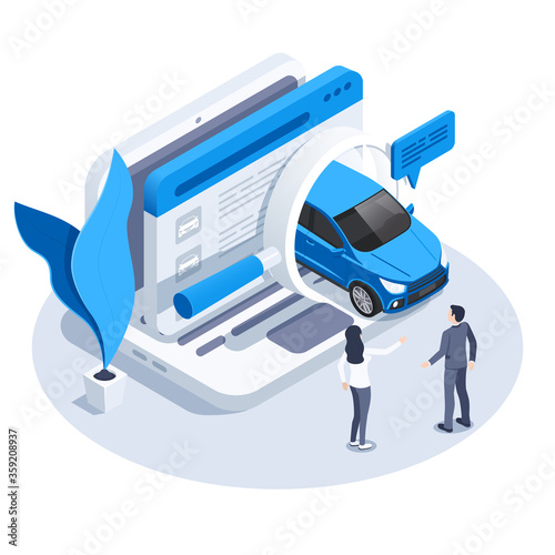 isometric vector image on a white background, a laptop icon and a car driving out of a magnifier, a man and a woman choose a car to buy online