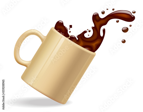 Falling coffee mug with a splashing liquid