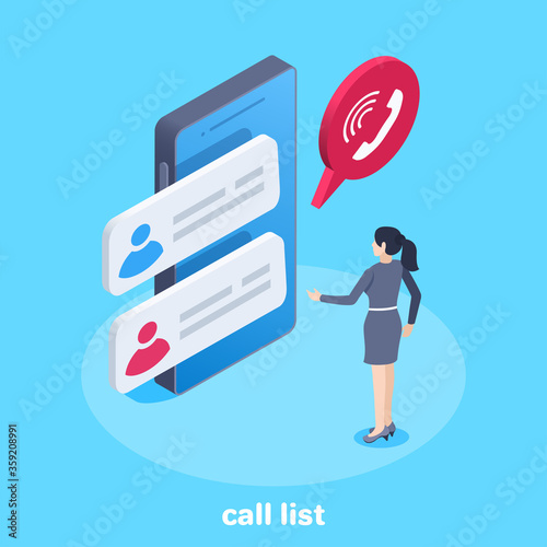 isometric vector image on a blue background, a woman stands near a smartphone on the screen of which a list of calls is displayed
