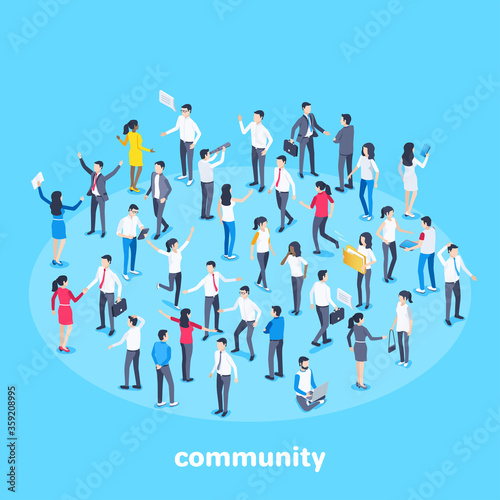 isometric vector image on a blue background, people in business suits are grouped in contact with each other, social groups or community