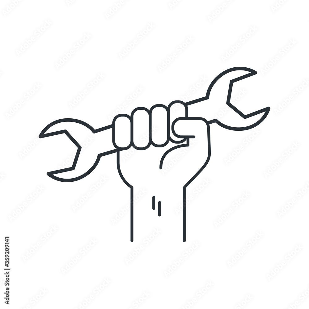 flat vector image on a white background, linear icon of a hand with a wrench flat vector image on a white background, linear icon of a hand with a wrench