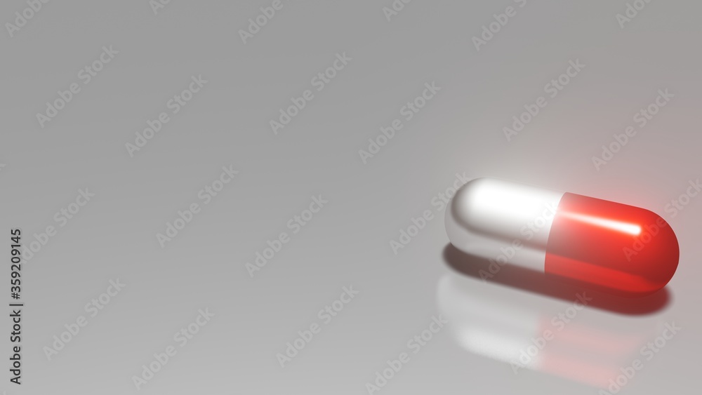 The image was created with a three-dimensional program the medicine capsules with red and white color place on a silver background The image was created with a three-dimensional program the medicine capsules with red and white color place on a silver background