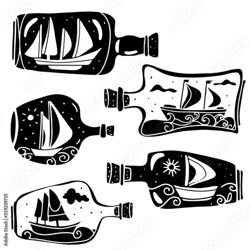 Bottles with sailboats. Hand drawn isolated on white background