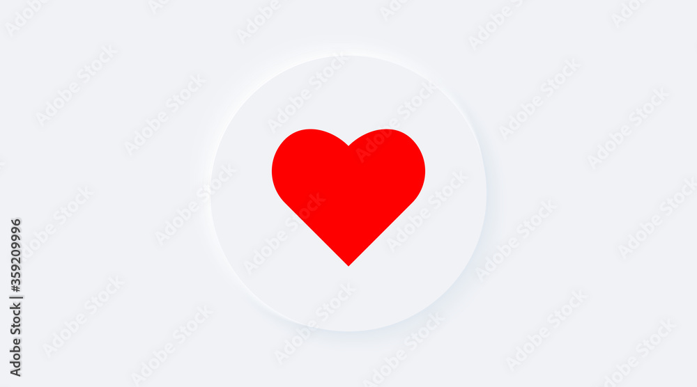 Bright white gradient buttons with red heart shape. Internet symbol like on a background. Neumorphic effect icon. Shaped love figure in trendy soft 3D style. Circle ellipse Bright white gradient buttons with red heart shape. Internet symbol like on a background. Neumorphic effect icon. Shaped love figure in trendy soft 3D style. Circle ellipse