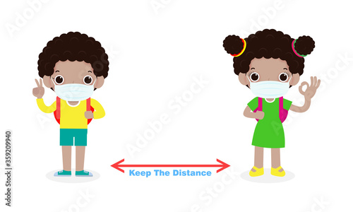 Back to school for new normal lifestyle concept, Social Distancing, Children black wearing a surgical protective Medical mask for prevent coronavirus or covid 19 isolated on white background vector