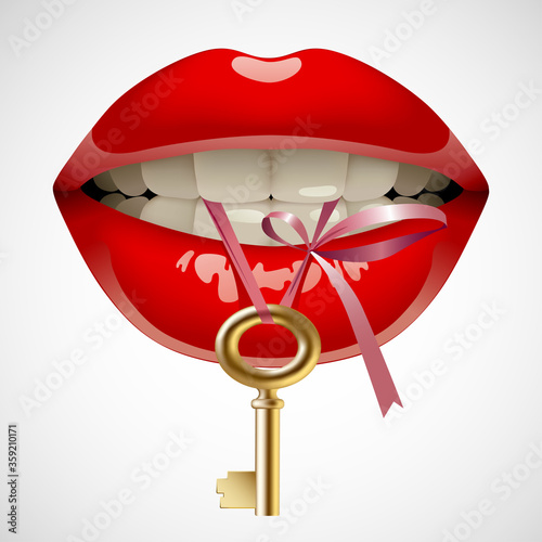 Female red lips with a gold key in the teeth
