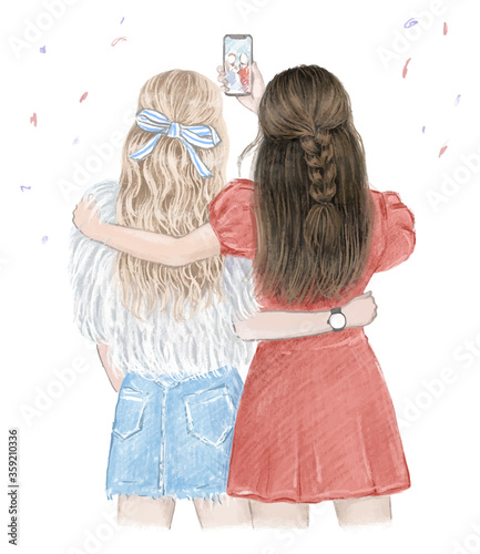 Best friends forever. Two girls having fun, making selfie. Hand drawn illustration, vector traced