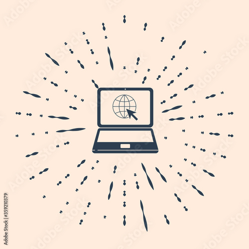 Black Website on laptop screen icon isolated on beige background. Laptop with globe and cursor. World wide web symbol. Abstract circle random dots. Vector Illustration.