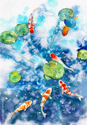 Watercolor Painting - Koi fishes swim together