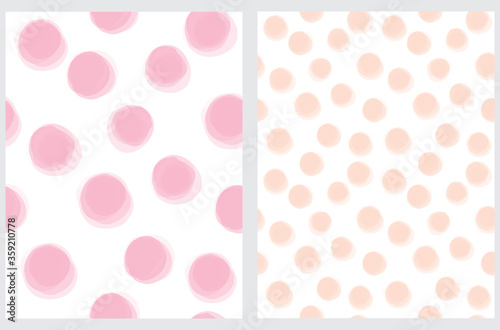 Cute Hand Drawn Abstract Irregular Polka Dots Vector Pattern Set. Pink and Salmon Pink Brush Dots Isolated on a White Background. Bright Watercolor Style Vector Print. Simple Dotted Layout.