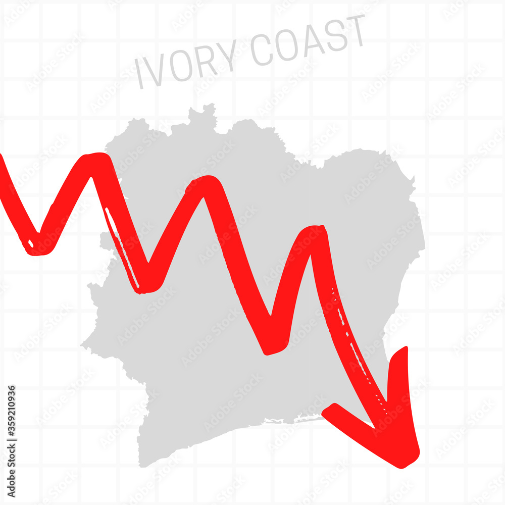 Obraz premium Ivory Coast map with falling arrow. Financial stagnation, recession, crisis, business crash, stock markets down, economic collapse. Downward trend concept illustration on white background 