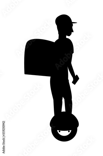 A silhouette of a man in a cap that rides on a unicycle. Delivery service worker with backpack and phone in his hand isolated on a white background. Flat vector illustration.