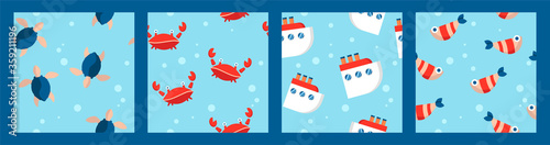 set of four nautical baby seamless patterns with fish, crabs, ships and turtles. cartoon flat design. Marine theme