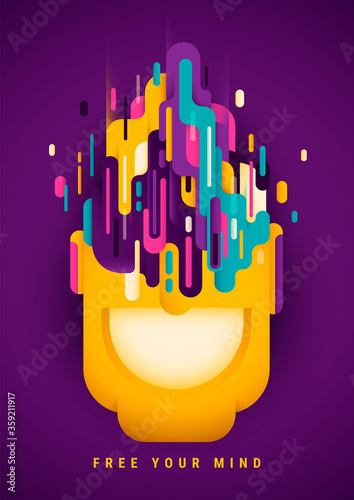 Conceptual abstract style illustration, with composition made of colorful designed shapes, smiling face and slogan. Vector illustration.