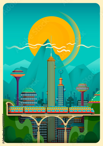 Modern daily city scene with the train, buildings and mountain. Vector illustration.