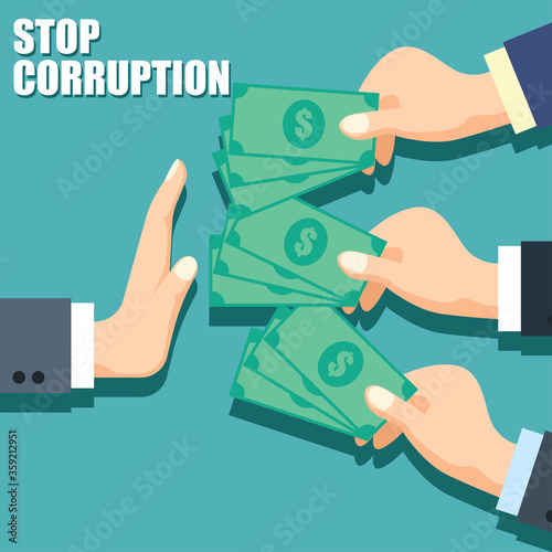 stop corruption concept businessman hand refusing corruption money, vector illustration
