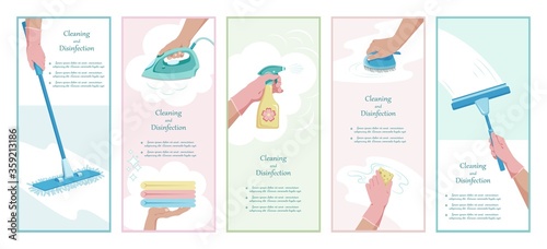 Cleaning. Set vertical banners. Housekeeping, disinfection and cleaning service.  Window washing, clothes washing, floor cleaning and Ironing.  Hands holding cleaning tools. Vector illustration