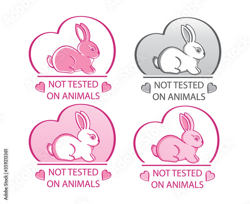 Not tested on animals icon set. Hand drawn rabbit sign in heart shape. Concept cruelty free, natural cosmetic products, love and protect animal rights. Badge design for pharmaceutical products. Vector