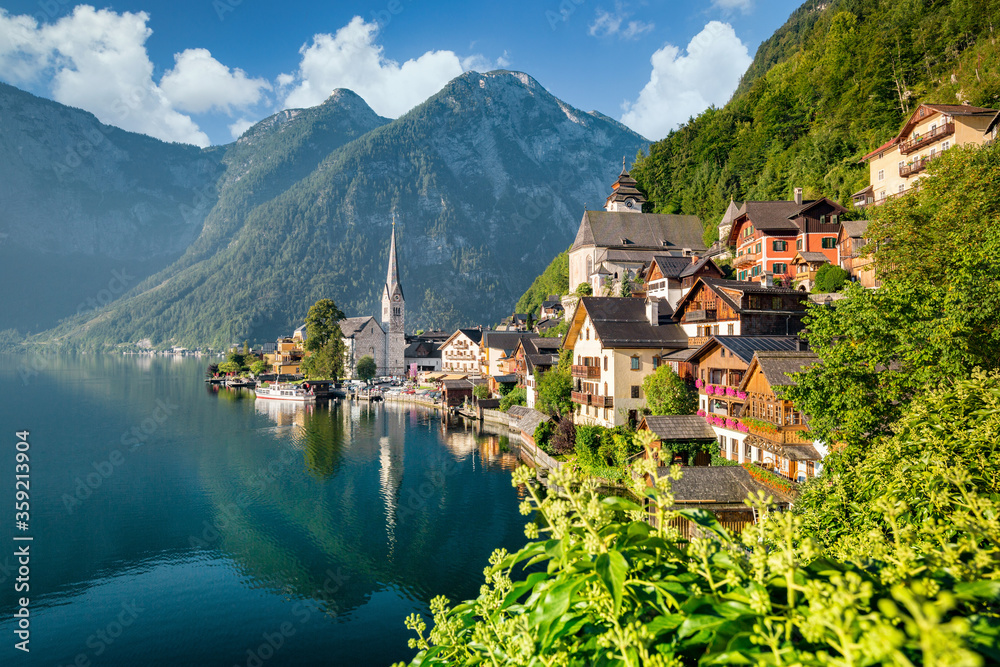 Classic view of Hallstatt in summer, Salzkammergut region, Austria