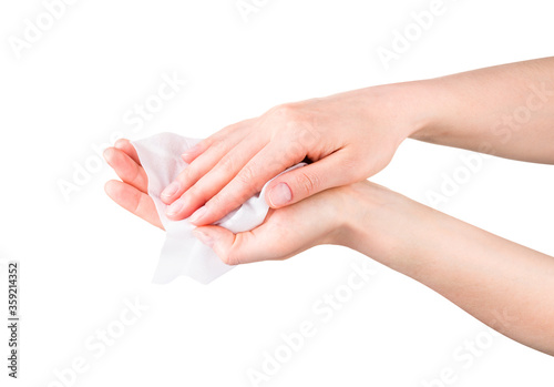 Woman hand use antibacterial wet wipes or tissue isolated on a white background