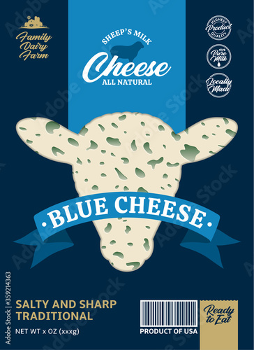 Vector sheep's milk blue cheese packaging design. Realistic blue cheese texture