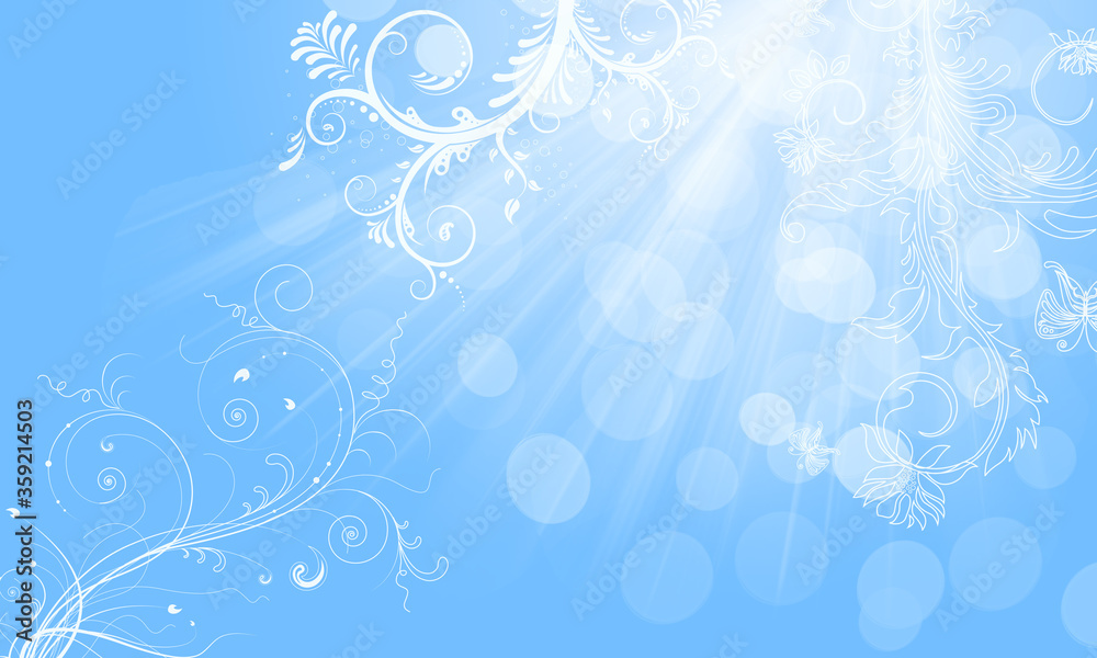 edler Hintergrund blau weiß, Pastell sonniges Leuchten Licht Sonnenschein Strahlen, Blätter Ranken floral am Rand Bokeh Glitzer luxuriös zeitloses Design oder einfach nur elegant Layout Vorlage