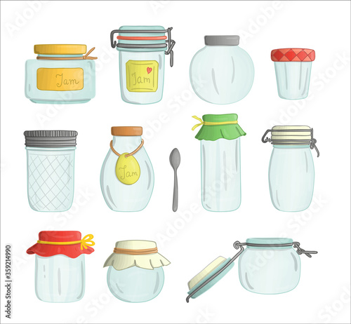 Vector set of colored glass jam jars watercolor style isolated on white background.Colorful collection of empty pots for preserved food.