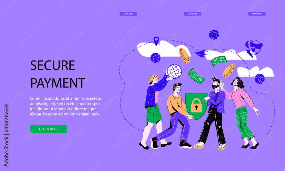 Fototapeta premium Landing page or web site template for Secure online payments and safe money transfer. Digital marketing and internet security, confidential database access. Flat vector illustration.