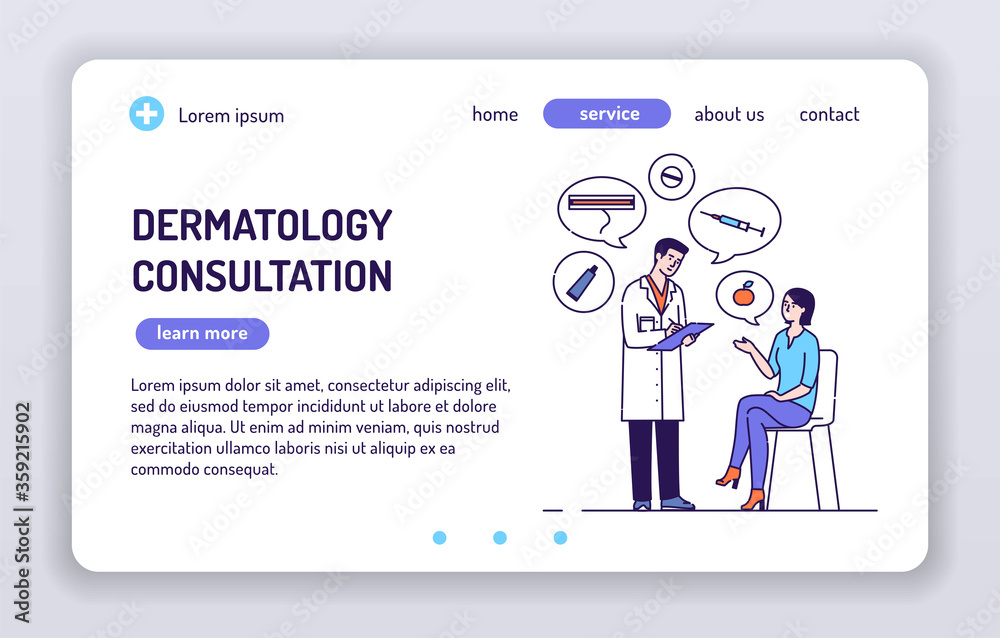 Dermatology consultation web banner. Disease diagnostics or treatment. Isolated cartoon characters on a white background. Concept for web page, smm, ad, site. Vector illustration. UX UI GUI design.