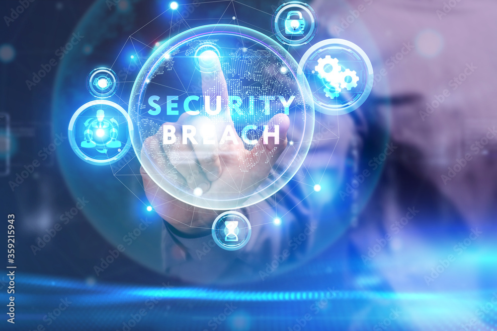 Business, Technology, Internet and network concept. Young businessman working on a virtual screen of the future and sees the inscription: Security breach Business, Technology, Internet and network concept. Young businessman working on a virtual screen of the future and sees the inscription: Security breach