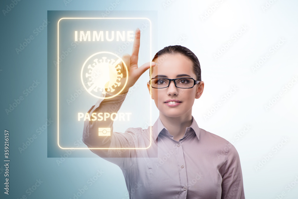 Concept of immunity passport - pressing virtual button Concept of immunity passport - pressing virtual button