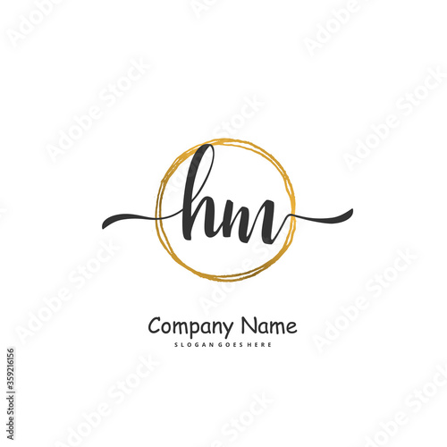 H M HM Initial handwriting and signature logo design with circle. Beautiful design handwritten logo for fashion, team, wedding, luxury logo.