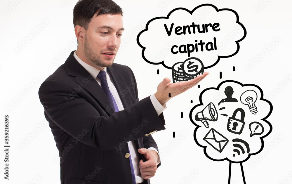 Business, technology, internet and network concept. Young businessman thinks over the steps for successful growth: Venture capital Business, technology, internet and network concept. Young businessman thinks over the steps for successful growth: Venture capital