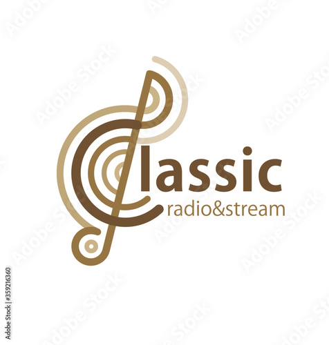 Logo Design concept  for classical music radio, TV or youtube channel, streaming service etc. Stylized treble clef and circle sound waves. Editable EPS vector