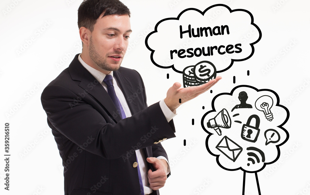 Business, technology, internet and network concept. Young businessman thinks over the steps for successful growth: Human resources Business, technology, internet and network concept. Young businessman thinks over the steps for successful growth: Human resources