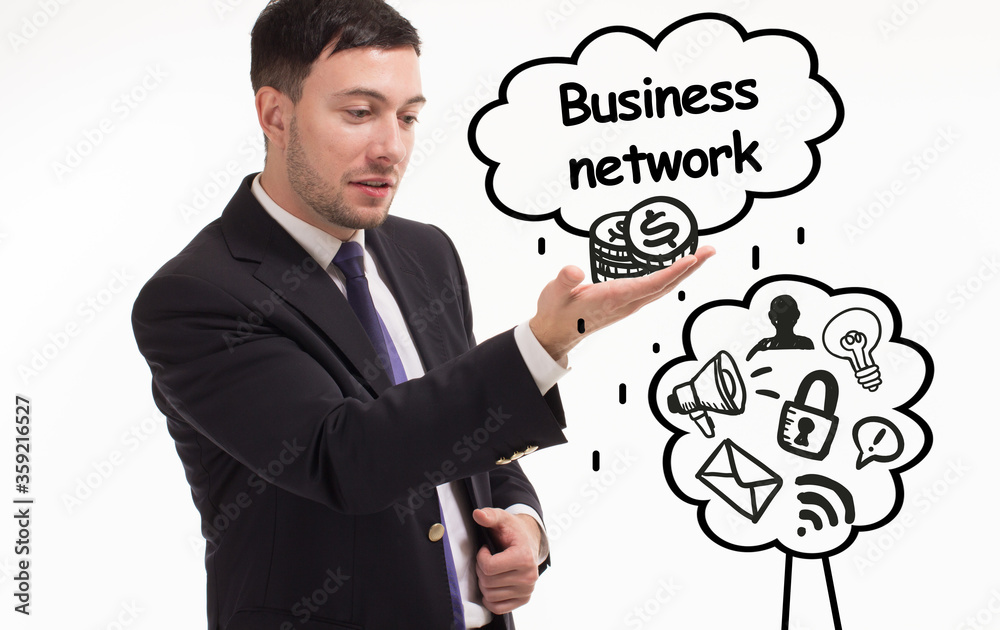 Business, technology, internet and network concept. Young businessman thinks over the steps for successful growth: Business network Business, technology, internet and network concept. Young businessman thinks over the steps for successful growth: Business network