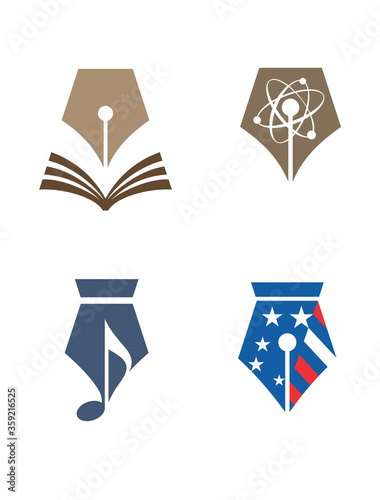 Set of logos based on fountain pen nib shape. Suitable for authors, writers, publishing companies. Editable EPS vector