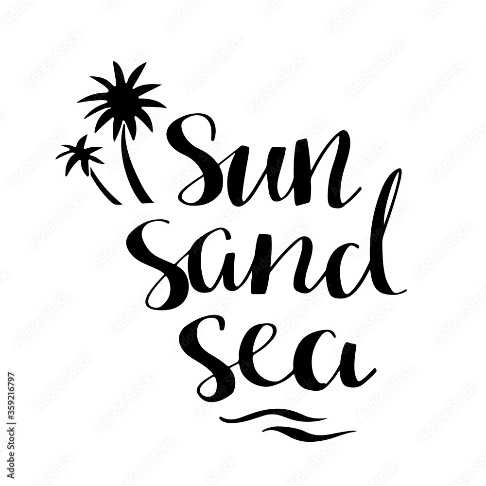 Obraz premium Sun, sand, sea logo. Palm trees, waves. Summer card. Black hand drawn isolated on white background. Handwritten font