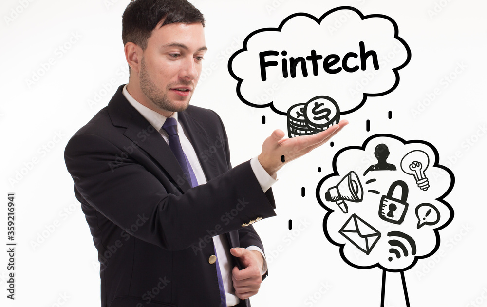 Business, technology, internet and network concept. Young businessman thinks over the steps for successful growth: Fintech Business, technology, internet and network concept. Young businessman thinks over the steps for successful growth: Fintech