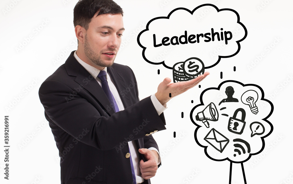 Business, technology, internet and network concept. Young businessman thinks over the steps for successful growth: Leadership