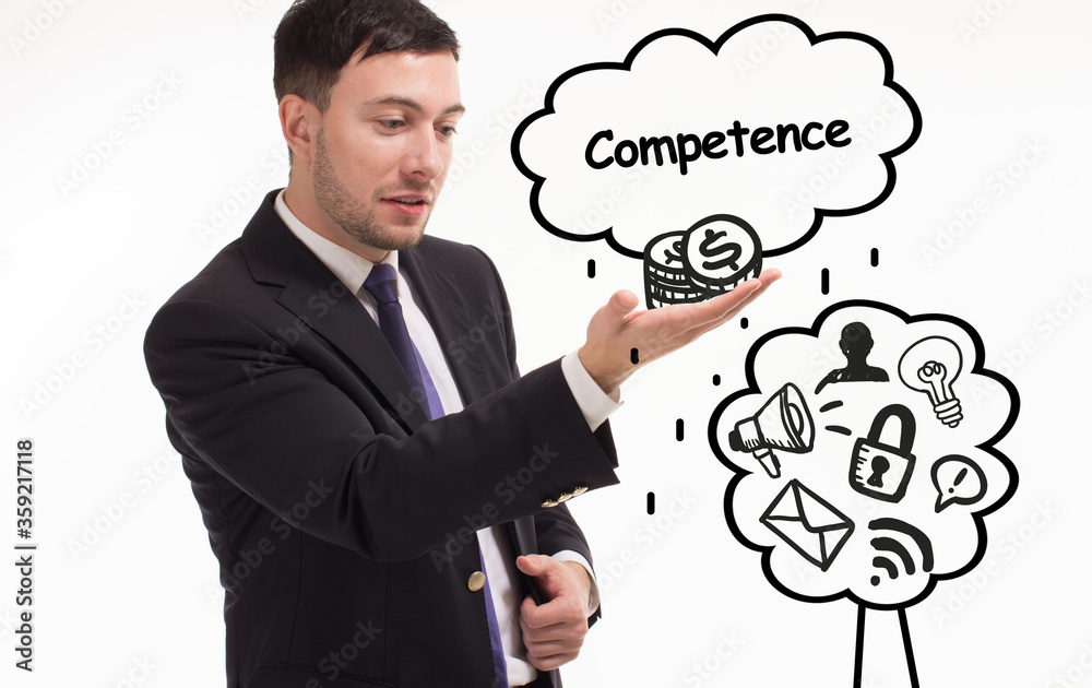 Business, technology, internet and network concept. Young businessman thinks over the steps for successful growth: Competence Business, technology, internet and network concept. Young businessman thinks over the steps for successful growth: Competence
