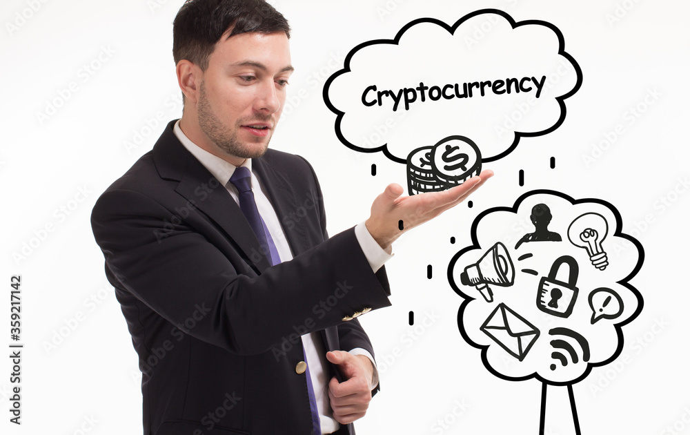 Business, technology, internet and network concept. Young businessman thinks over the steps for successful growth: Cryptocurrency Business, technology, internet and network concept. Young businessman thinks over the steps for successful growth: Cryptocurrency